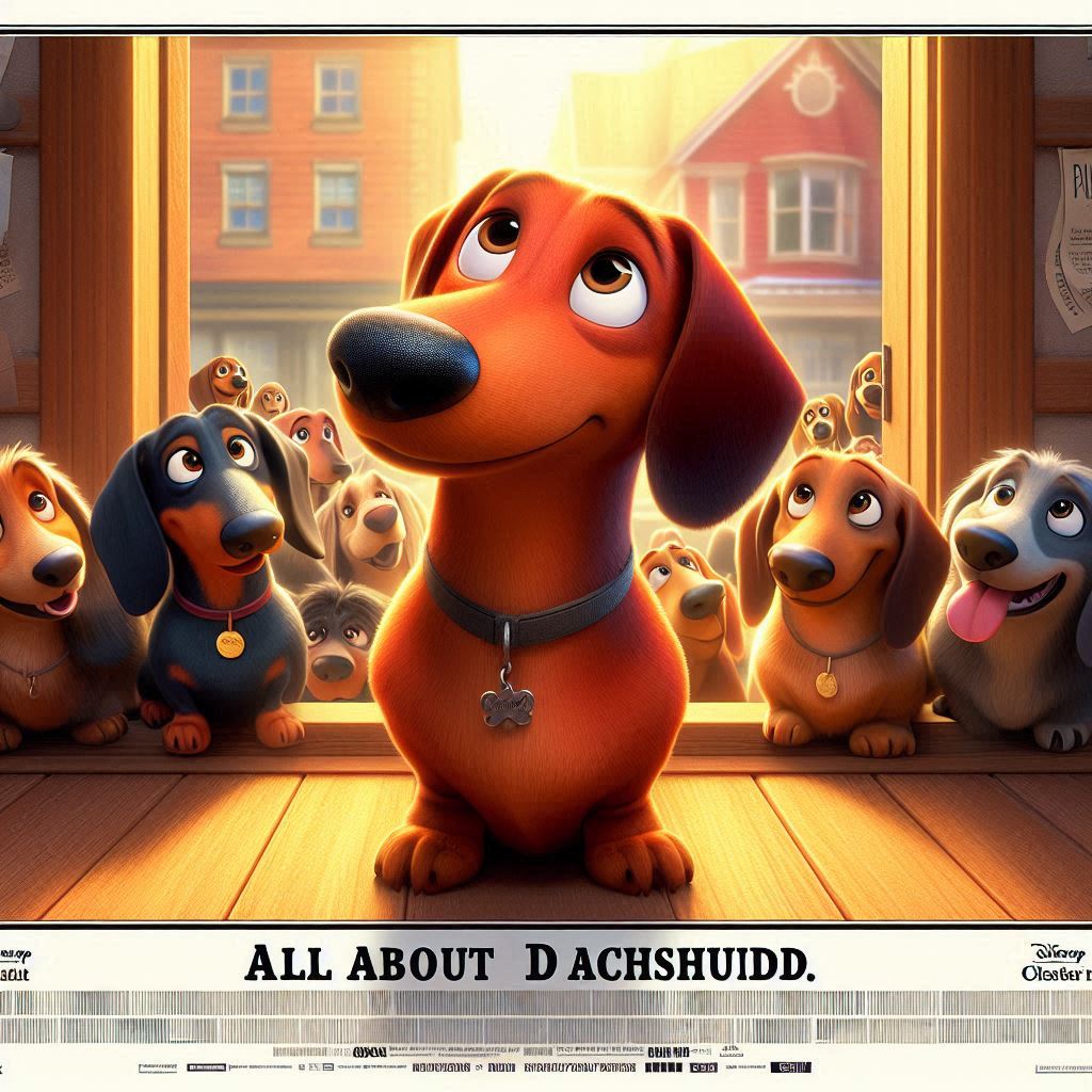 A movie poster of many dachshunds with the title All About Dachshunds poster