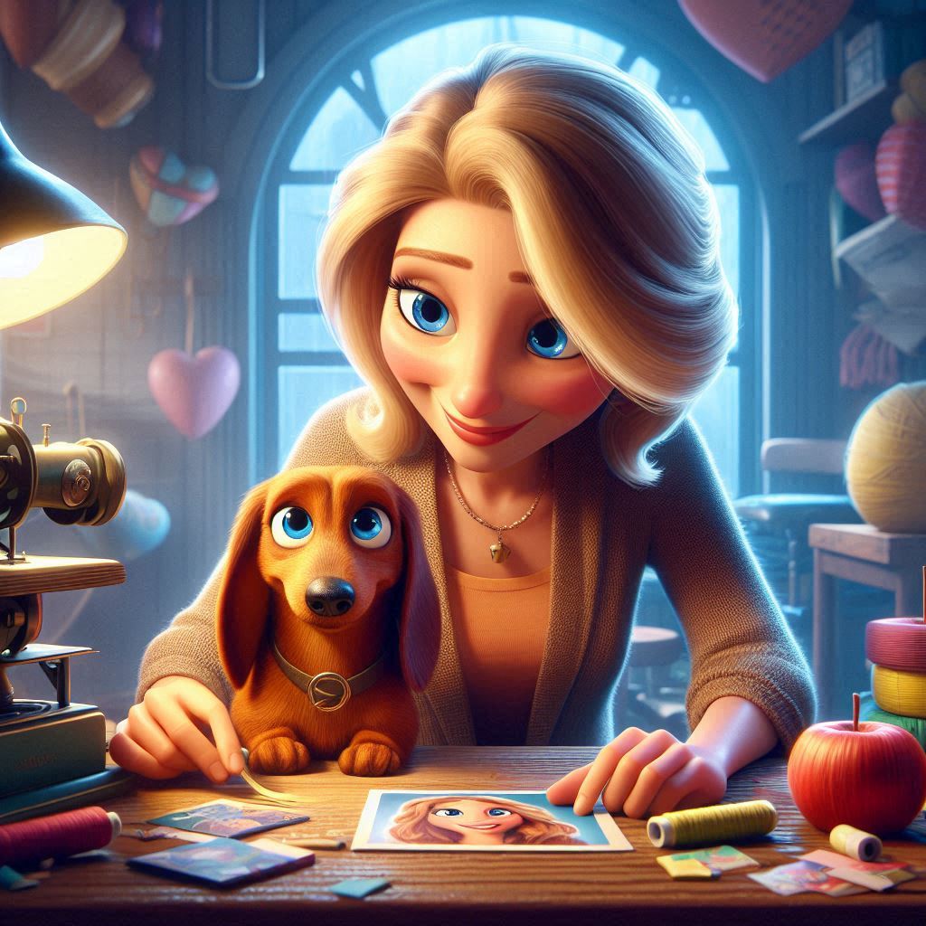 A poster of female Pixar character crafting with a dachshund