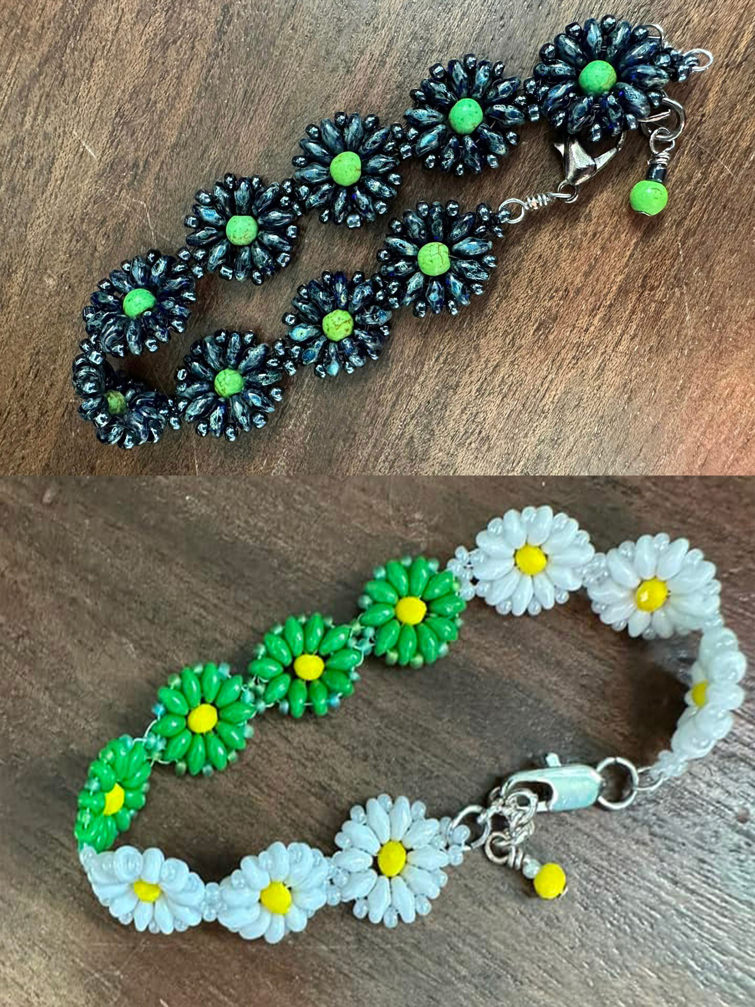 black and green beaded daisy chain bracelets